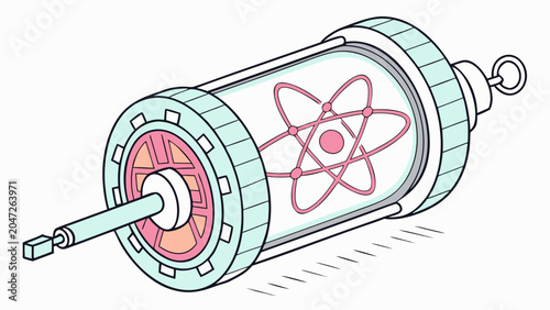 Isometric atom model in cylindrical scientific glass chamber with chemistry