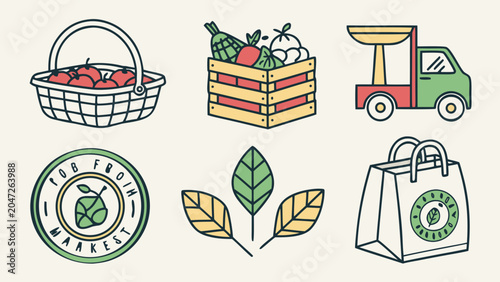 Fresh farm produce grocery shopping collection set with vegetables, shopping