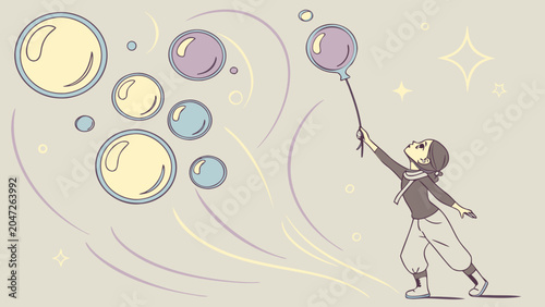 Young girl releasing bubbles into the air in dreamy scene with childhood