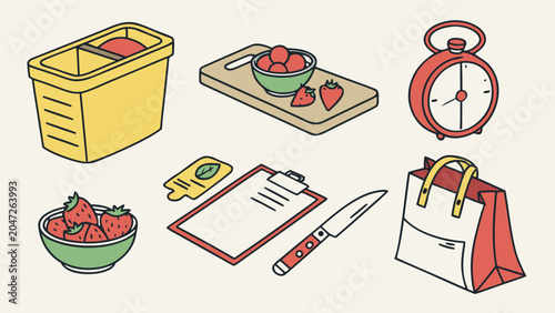 Kitchen preparation tools and strawberry fruit ingredients set with strawberries