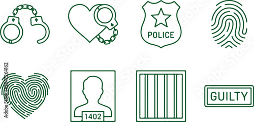 Photography Crime and justice symbols handcuffs police badge fingerprint guilty sign jail bars green outline vector