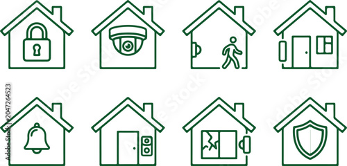 Tablou pe pânză Home security icons house with lock camera person entering broken window shield green outline vector