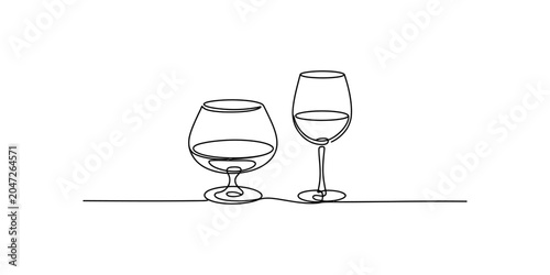 Fotografie Two wine glasses drawn with a single continuous line, one brandy snifter and one