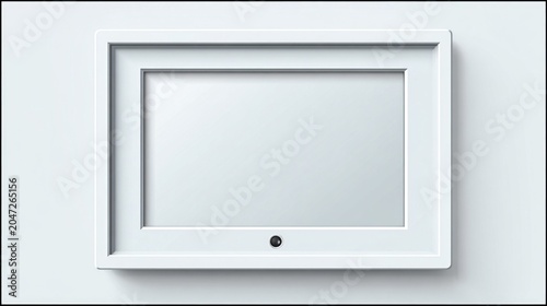 Minimalist white digital photo frame with a subtle dark button on a clean background