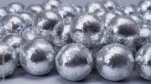 A large pile of shiny disco balls reflecting light, creating a festive atmosphere