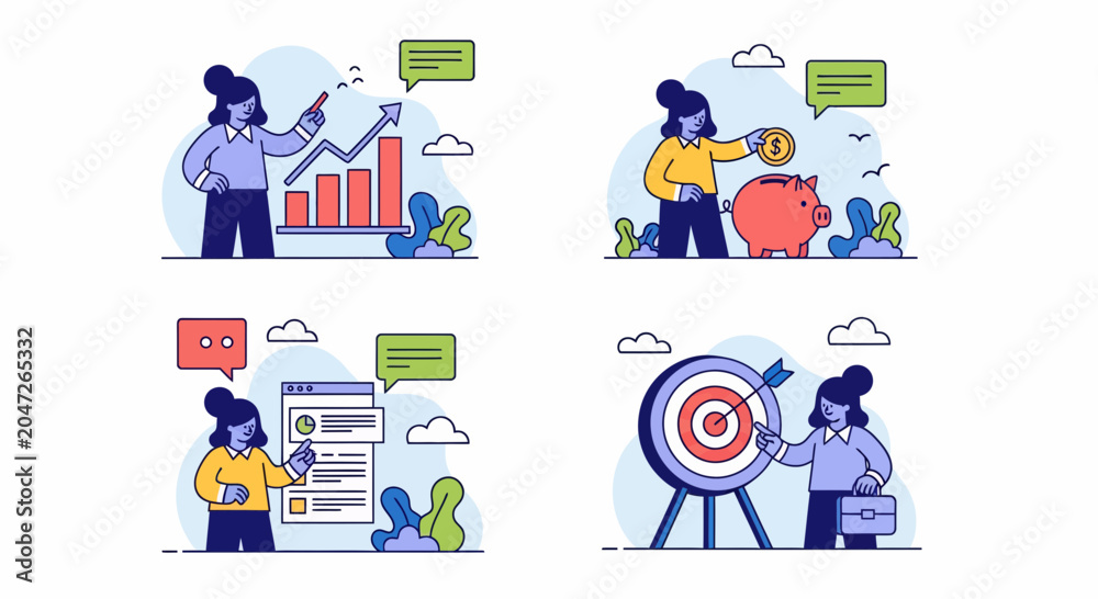 Fototapeta premium Business woman plan save money aim goal success work chart data bank coin profit cash growth