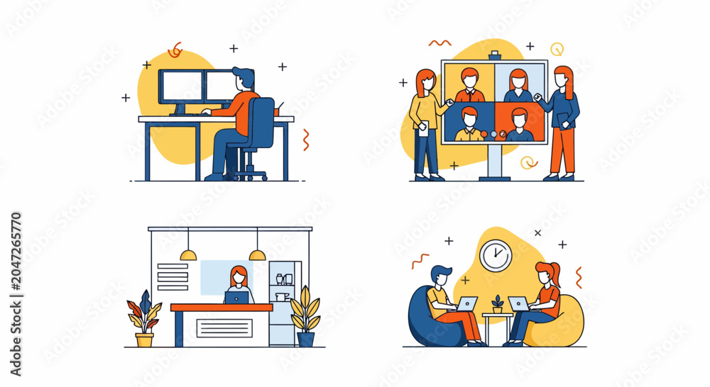 Obraz premium Modern Business Office People Working At Desks In Teams Or Alone Having Video Meetings And Reception Desk Tasks
