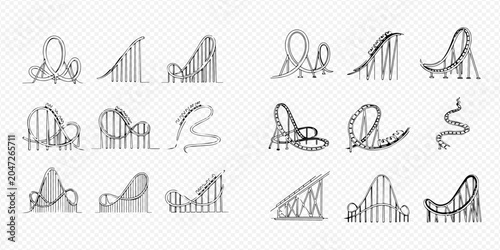 Bild auf Leinwand Set of various hand-drawn rollercoaster tracks for amusement park rides and entertainment