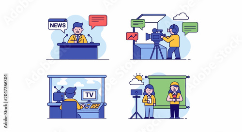 Professional Television News Broadcast Media Production Set With Anchor Cameraman Editor Reporter Journalism Studio Workflow