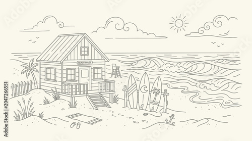 House on the beach with surfboards.