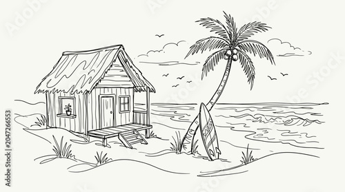 Small Beach House With Surfboard Nearby.