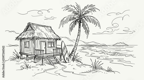 Small beach hut with palm tree.
