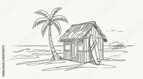 Small wooden hut on sandy shore.