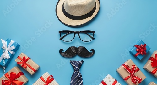 Fathers day gift ideas funny face with hat glasses mustache and tie on blue background with presents