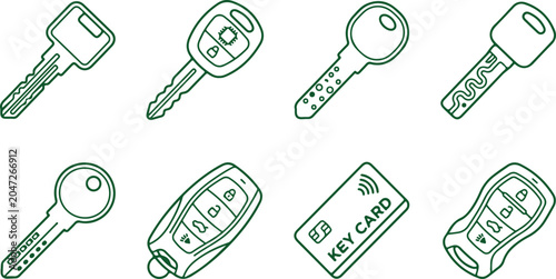 Modern and traditional keys line art vector icons on transparent background.