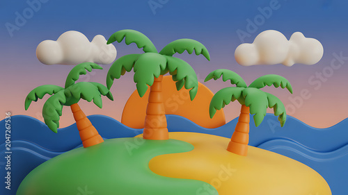 3D Tropical Island Sunset Scene with Palm Trees, Ocean Waves and Paradise Beach Illustration