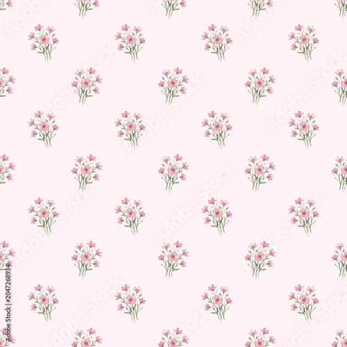 Ditsy wildflower seamless pattern featuring neatly spaced, tiny pink floral b...