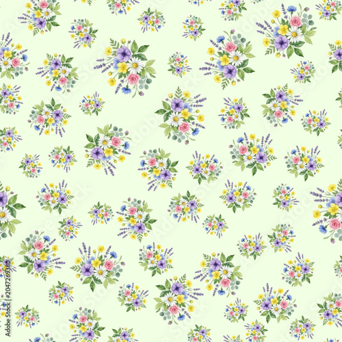 Small wildflower bouquets and green leaves on light green background vector s...