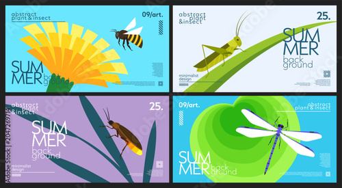 Set of nature summer horizontal backgrounds with bee, grasshopper, firefly, dragonfly, dandelion, grass, water lily leaf. Simple design of insects and plants for cover, banner, poster, wallpaper
