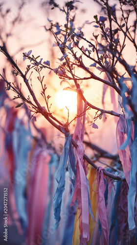 Wish tree branches with colorful ribbons close up