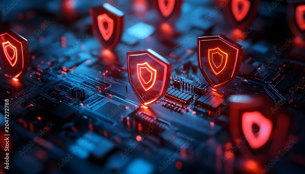 Fototapeta premium A close-up view of a futuristic digital circuit board featuring glowing red shield icons. This image represents cybersecurity and technological advancement in a modern world.