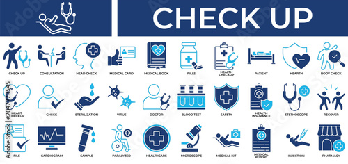 Check Up icon set collection. Containing mind, monitor, report, stethoscope, insurance, plasma, patient .Solid vector icons collection