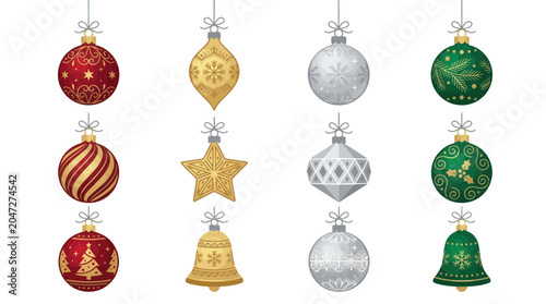 Fotografía Set of hanging Christmas ornaments including bells and stars.