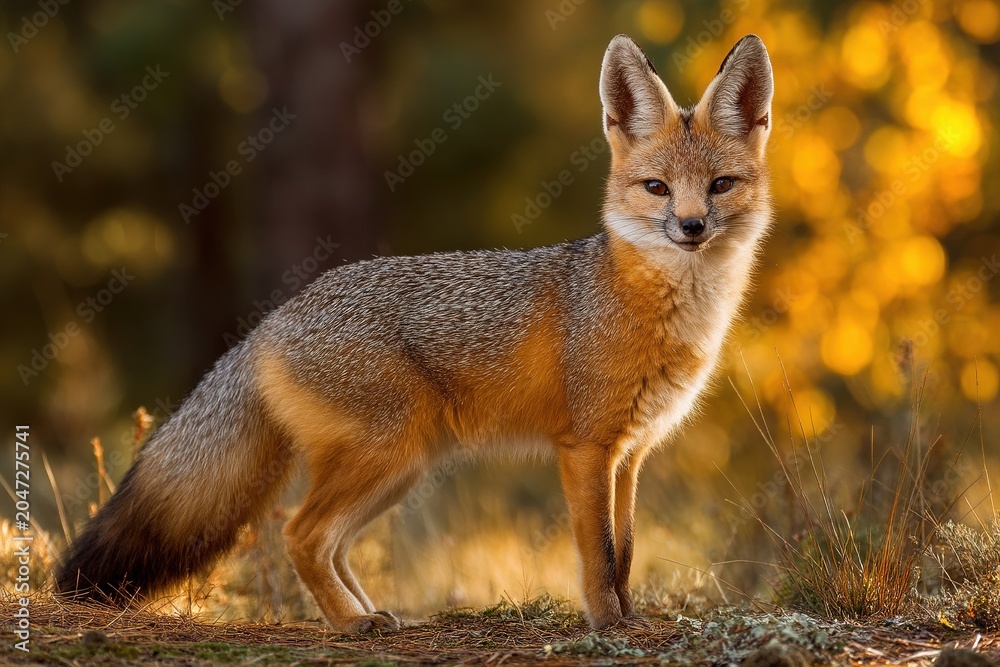 Naklejka premium Red fox portrait in forest illuminated by golden sunlight
