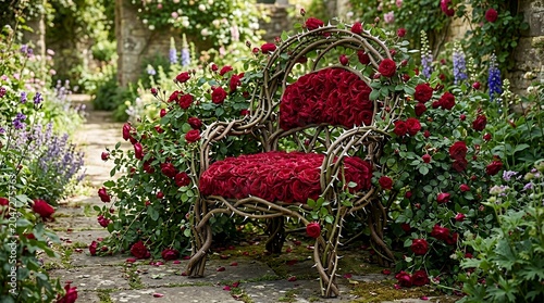 Enchanted Garden Chair Made of Thorny Vines and Red Roses