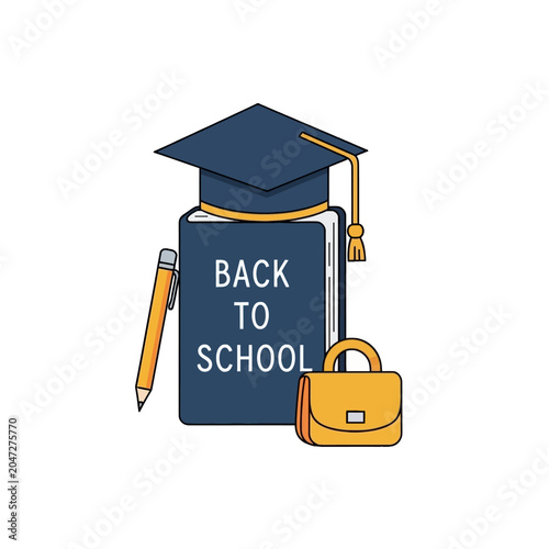Graduation cap on book with bag.