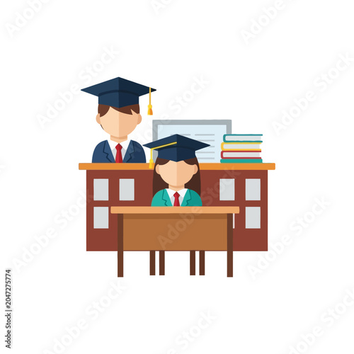 Graduated student and teacher sitting.