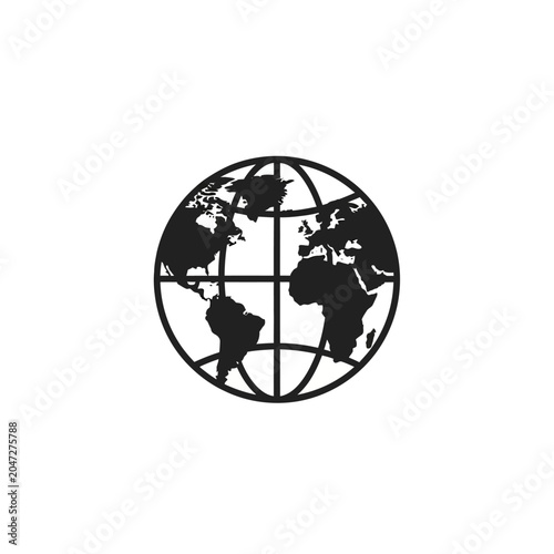 Globe Icon Depicting World Continents and Meridians.