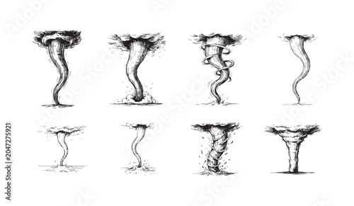 Bilde på lerret Set of hand drawn tornado icons illustrating rotating wind storm weather phenomena shapes