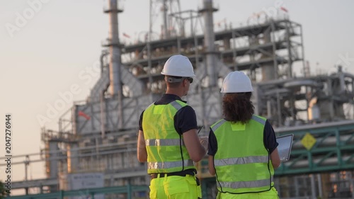 Workers inspect oil refinery site during daylight hours with equipment and construction in view