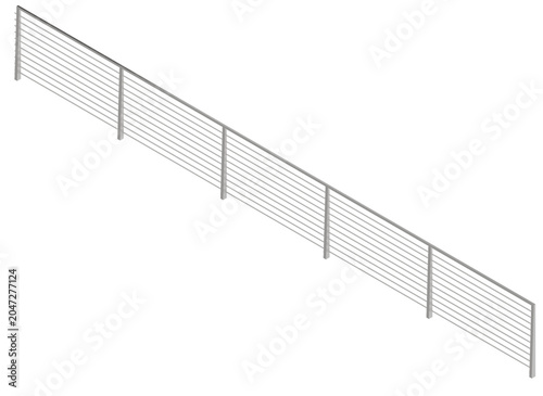 3d realistic orthographic render of a contemporary wire cable railing system featuring horizontal tensioned metal lines and structural posts for modern architectural safety applications
