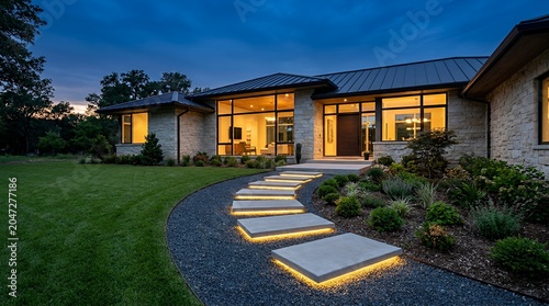 Modern Luxury Stone House at Twilight with Glowing Path
