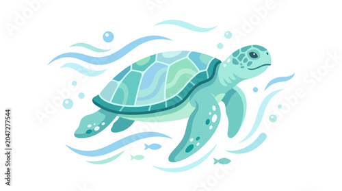 Fotografi Stylized sea turtle swimming in swirling blue water ripples.