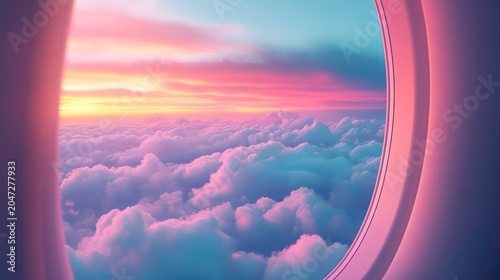 A breathtaking view of a sunset over fluffy clouds as seen from an airplane window.