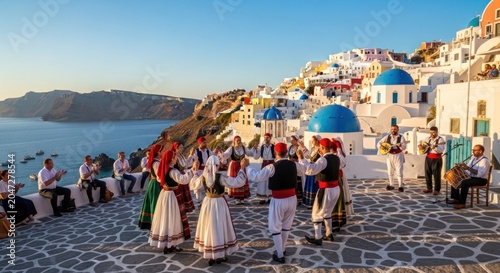 Traditional Greek dancers perform on cobblestone street.