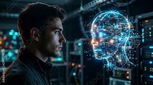 A man in a dark room looks intently at a glowing blue holographic AI head, surrounded by servers and technology.