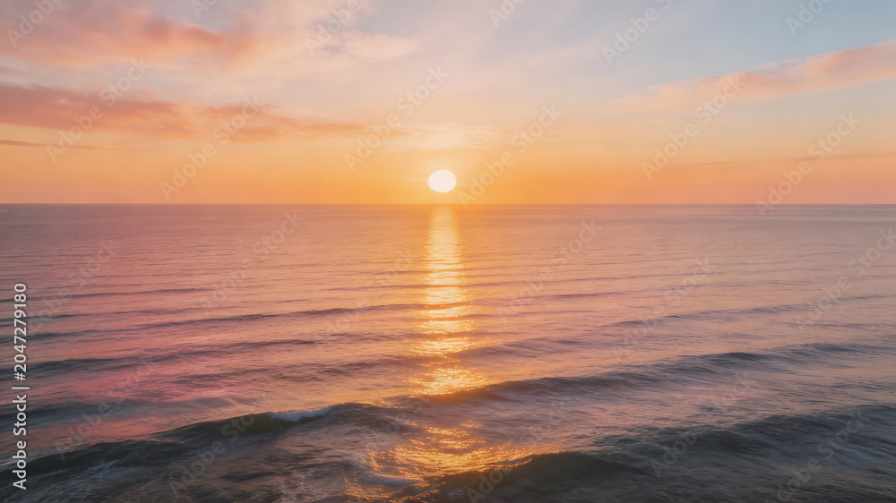 Obraz premium Sunset over ocean with calm waves symbolizing tranquility, harmony, and natural balance