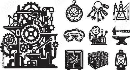 Steampunk gears clockwork machinery and vintage tools icons