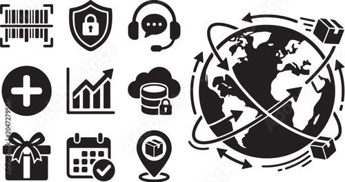 Global Business and E-commerce Icon Set Vector Graphics