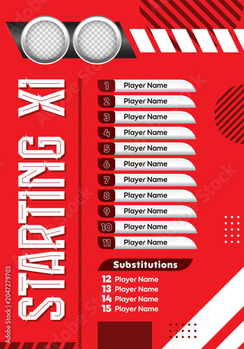 Football soccer starting XI lineup vector template featuring vertical players list layout with substitutions bench and logo placeholders on red abstract geometric background.