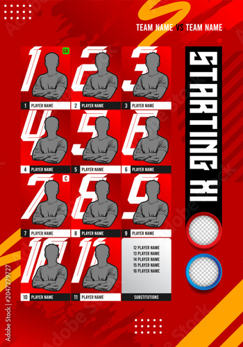 Football soccer starting XI lineup vector template featuring players silhouette avatar cards layout with substitutions list and logo placeholders on red abstract background.