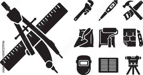 Construction tools and equipment icons set vector graphic