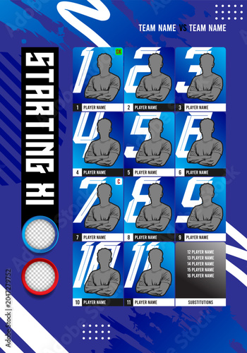 Football soccer starting XI lineup vector template featuring players silhouette avatar cards layout with substitutions list and logo placeholders on blue abstract background.