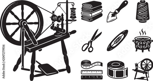 Spinning wheel and textile tools illustration set black