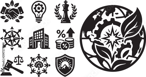 Business icons and symbols in black and white