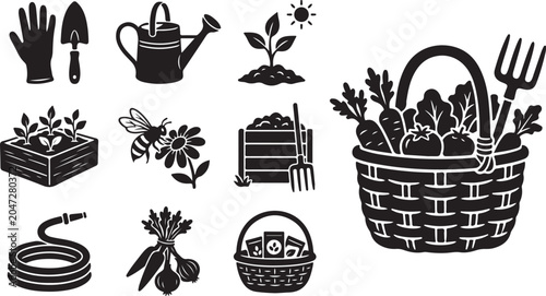 Gardening tools and icons for planting flowers outside
